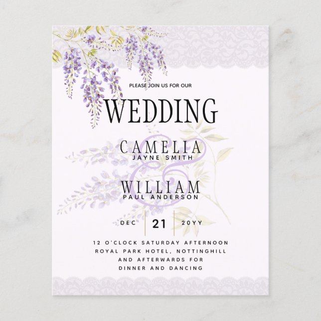 LeahG Purple WISTERIA Lace Floral Wedding INVITE Flyer (Front)