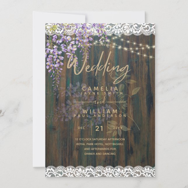 LeahG Purple WISTERIA Rustic Lace Wedding Invitation (Front)