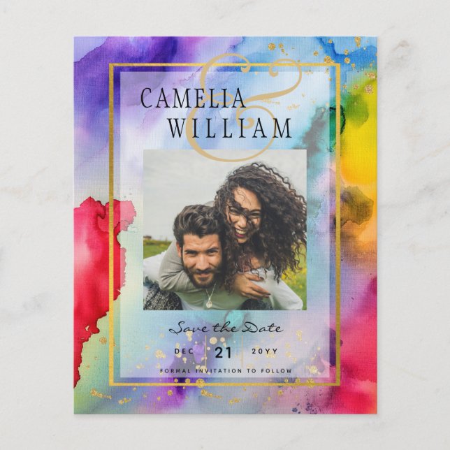 LeahG Rainbow Pride Ink PHOTO Wedding Save Date Flyer (Front)