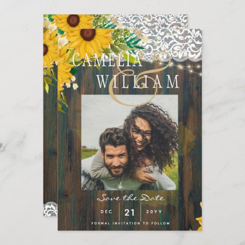 LeahG Rustic Sunflowers Lace Lights Save The Date Invitation