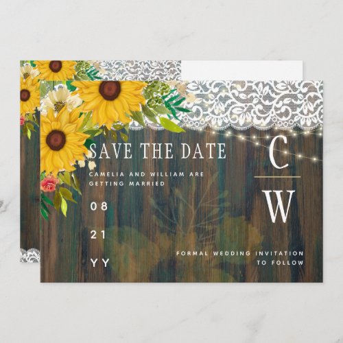 LeahG Rustic Sunflowers Lace Lights Wood Save The Date
