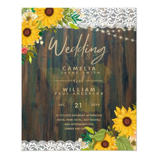 LeahG Rustic Sunflowers Lace Lights Wood Wedding Flyer
