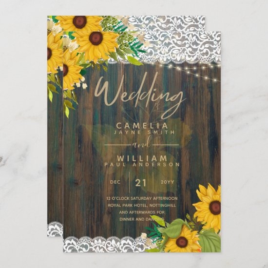 LeahG Rustic Sunflowers Lace Lights Wood Wedding Invitation
