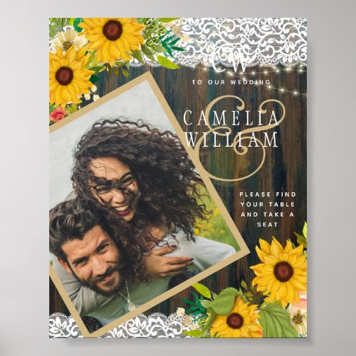 LeahG Rustic Sunflowers Lace PHOTO Wedding WELCOME Poster