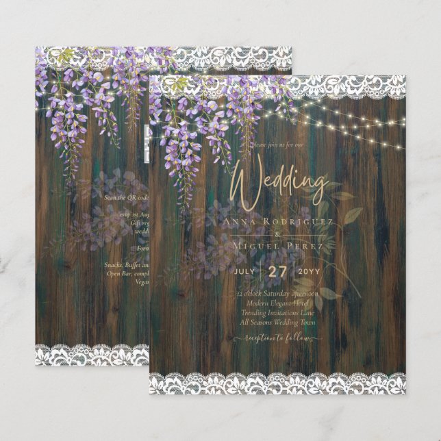 LeahG Rustic WISTERIA Lace Floral Wedding INVITE (Front/Back)