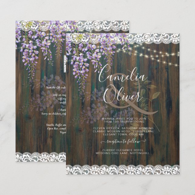 LeahG Rustic WISTERIA Lace Floral Wedding INVITE (Front/Back)