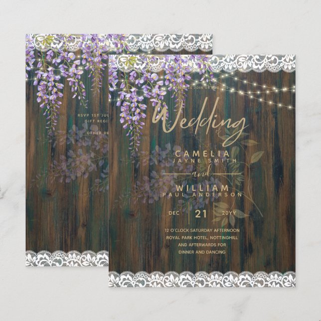 LeahG Rustic WISTERIA Lace Floral Wedding INVITE (Front/Back)