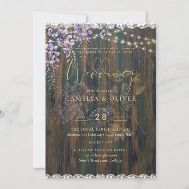 LeahG Rustic WISTERIA Lace Floral Wedding INVITE (Front)
