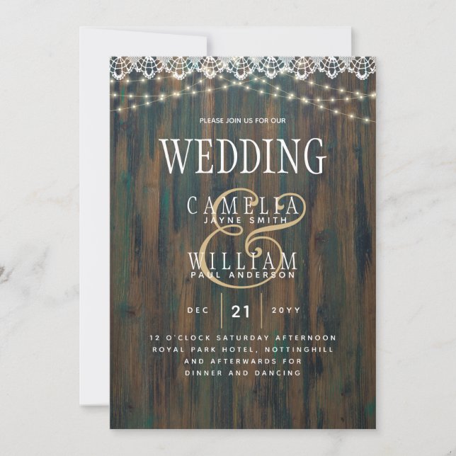 LeahG Rustic Wood Lace Lights Wedding Invite (Front)