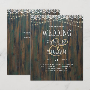 LeahG Rustic Wood Lace Lights Wedding Invite