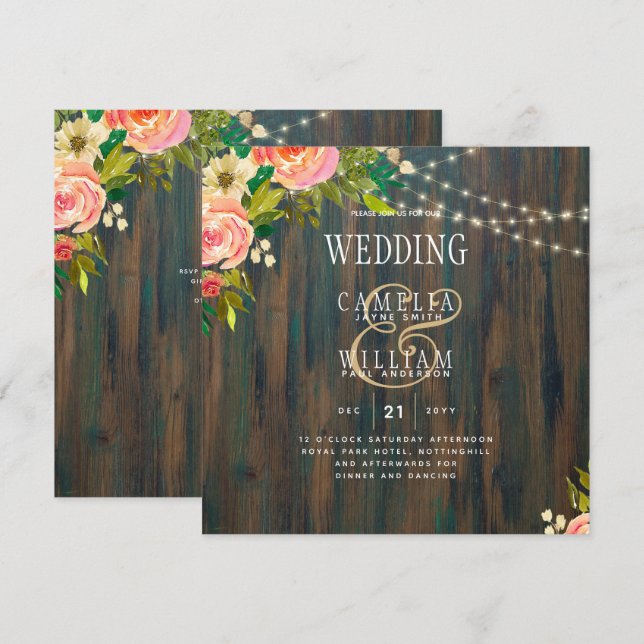 LeahG Rustic Wood Peach Coral Floral Wedding (Front/Back)