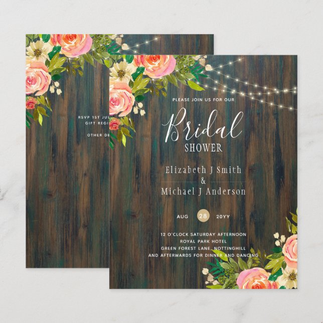 LeahG Rustic Wood Peach Coral Floral Wedding (Front/Back)