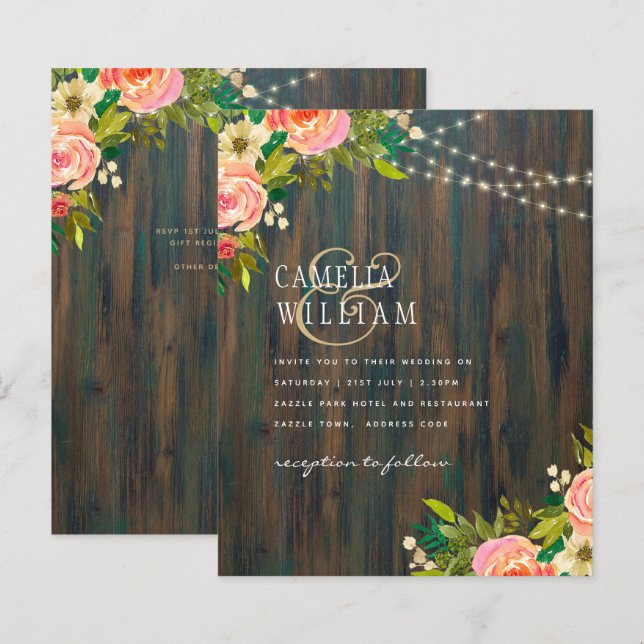 LeahG Rustic Wood Peach Coral Floral Wedding (Front/Back)