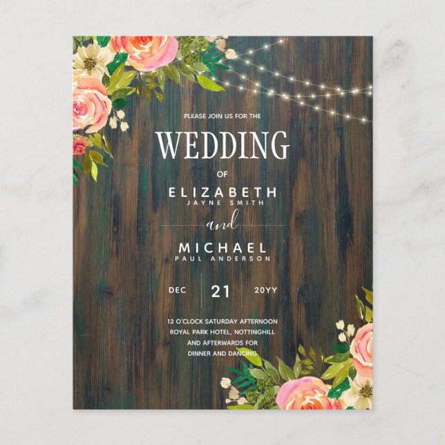 LeahG Rustic Wood Peach Coral Floral Wedding Flyer (Front)
