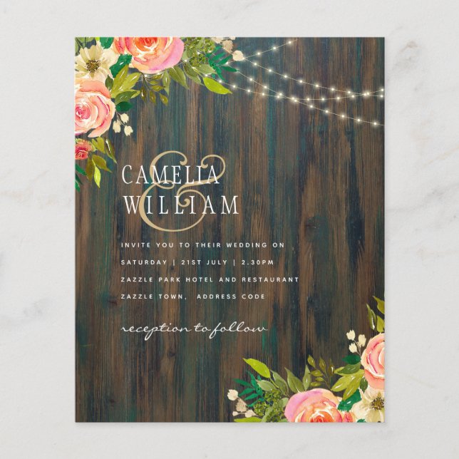 LeahG Rustic Wood Peach Coral Floral Wedding Flyer (Front)