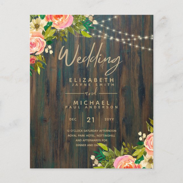 LeahG Rustic Wood Peach Coral Floral Wedding Flyer (Front)