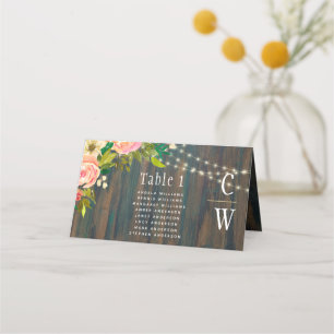 LeahG Rustic Wood Peach Coral Floral Wedding Place Card