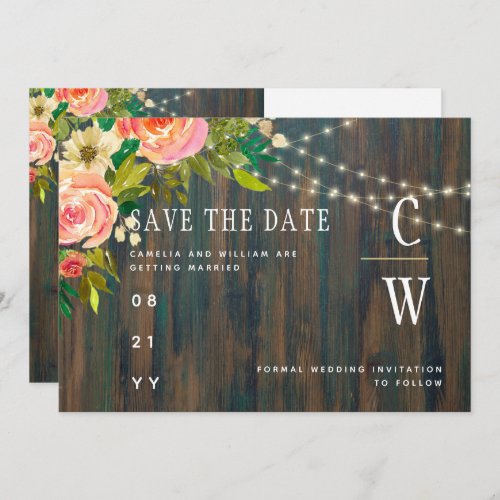 LeahG Rustic Wood Peach Coral Floral Wedding Save The Date