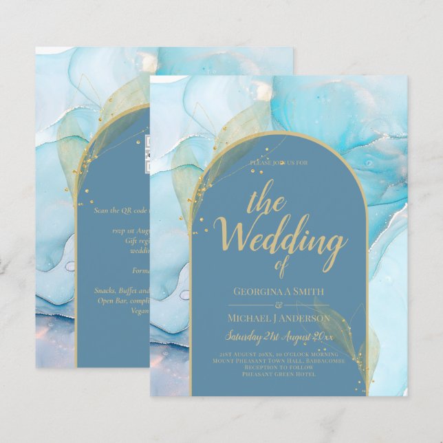 LeahG Sea Glass Gold Ink Aqua Blue Wedding INVITE (Front/Back)