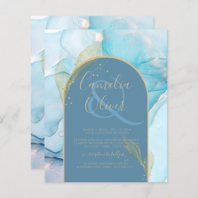 LeahG Sea Glass Gold Ink Aqua Blue Wedding INVITE (Front/Back)