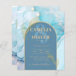 LeahG Sea Glass Gold Ink Aqua Blue Wedding INVITE