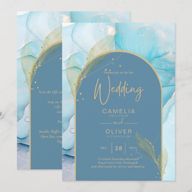 LeahG Sea Glass Gold Ink Aqua Blue Wedding INVITE (Front/Back)