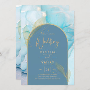 LeahG Sea Glass Gold Ink Aqua Blue Wedding INVITE