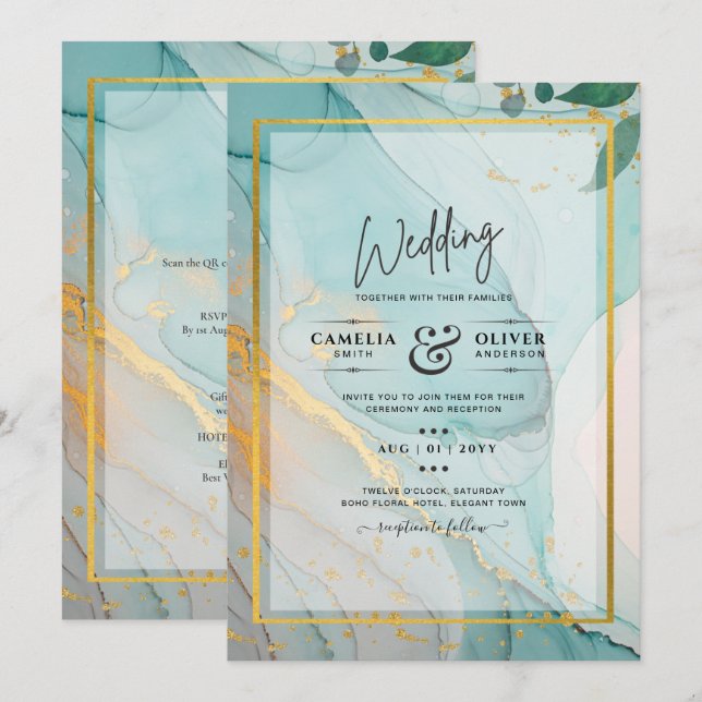 LeahG Sea Glass Teal Gold INK Wedding INVITE (Front/Back)