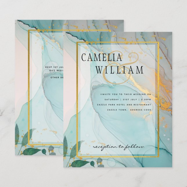 LeahG Sea Glass Teal Gold INK Wedding INVITE (Front/Back)