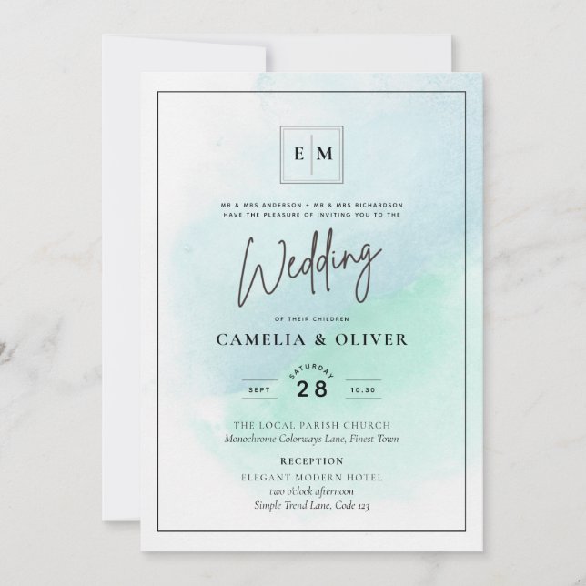 LeahG Sea Glass Turquoise Teal Blue Wedding INVITE (Front)