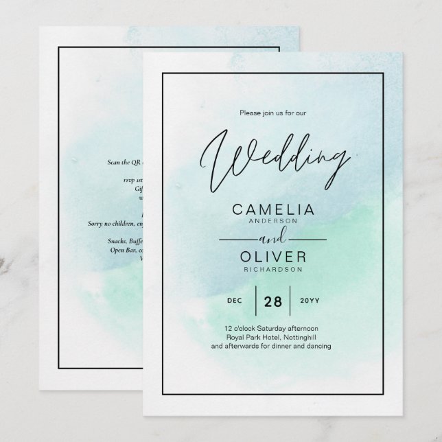 LeahG Sea Glass Turquoise Teal Blue Wedding INVITE (Front/Back)