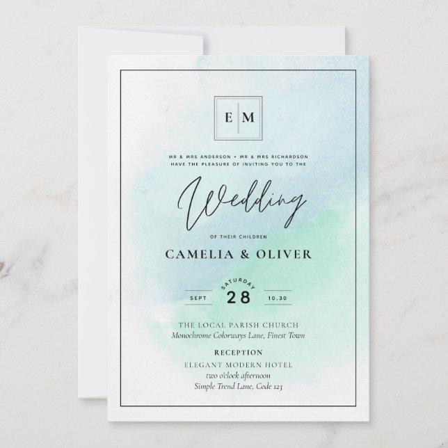 LeahG Sea Glass Turquoise Teal Blue Wedding INVITE (Front)