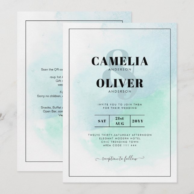 LeahG Sea Glass Turquoise Teal Blue Wedding INVITE (Front/Back)