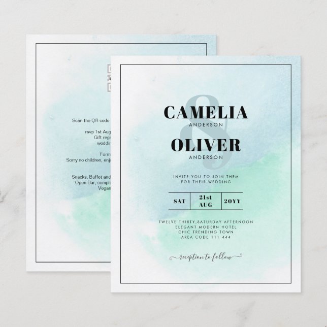 LeahG Sea Glass Turquoise Teal Blue Wedding INVITE (Front/Back)