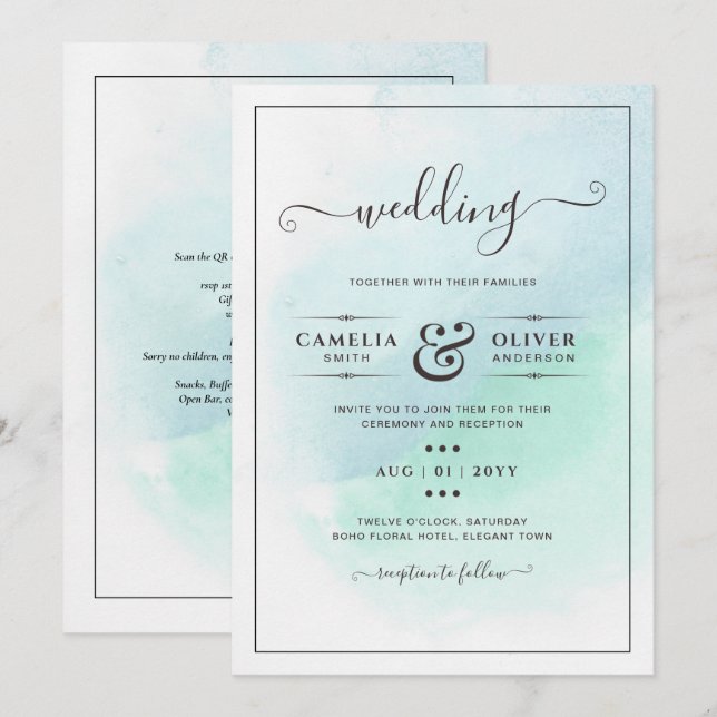 LeahG Sea Glass Turquoise Teal Blue Wedding INVITE (Front/Back)
