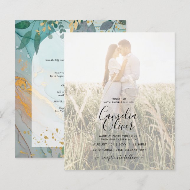 LeahG Seaglass Ink Teal Gold Greenery Wedding Inv (Front/Back)