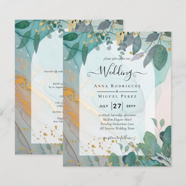 LeahG Seaglass Ink Teal Gold Greenery Wedding Inv (Front/Back)