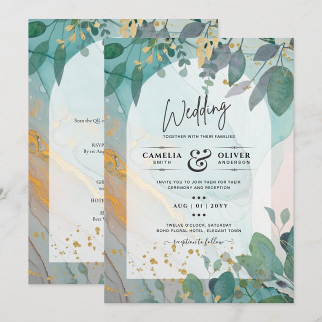 LeahG Seaglass Ink Teal Gold Greenery Wedding Inv Invitation (Front/Back)