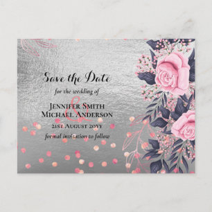 LeahG Silver Navy Rosegold PInk Floral Wedding Postcard