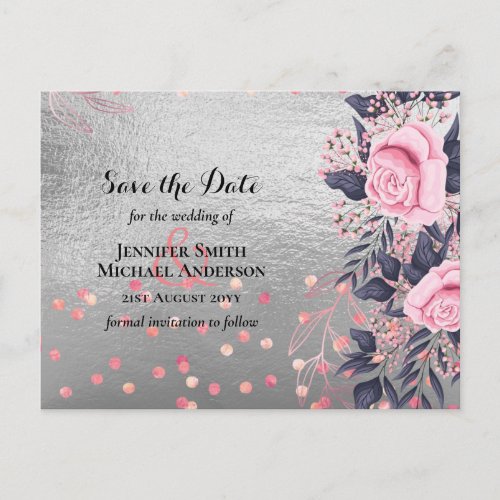 LeahG Silver Navy Rosegold PInk Floral Wedding Postcard