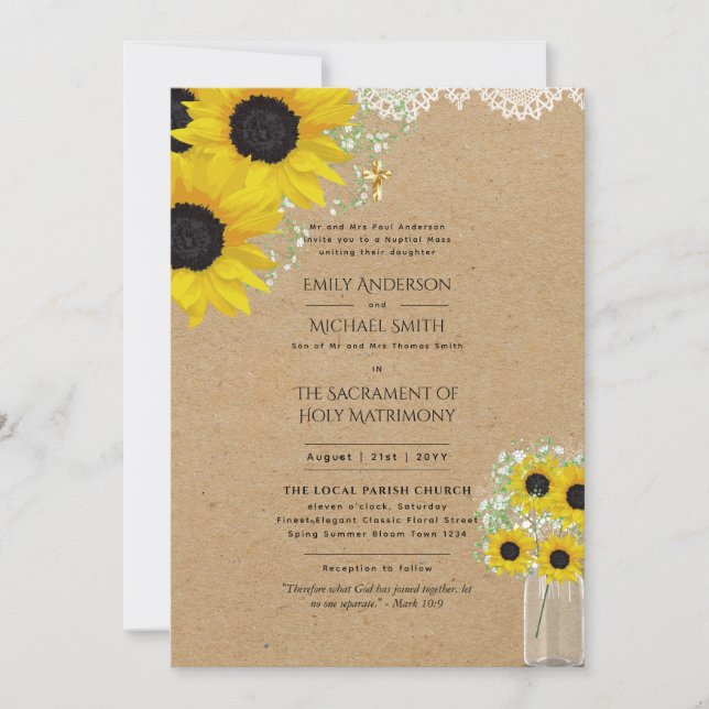 LeahG Sunflowers Catholic Wedding Nuptial Mass Invitation (Front)