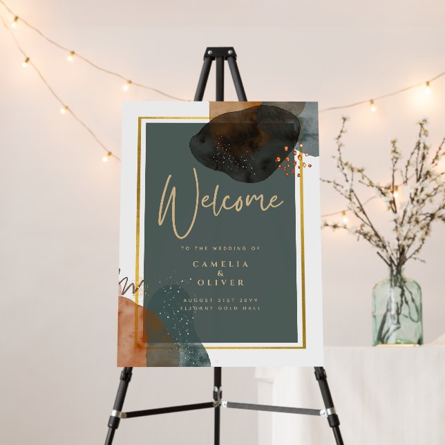 Leahg TEAL EARTH TONES WEDDING INVITE QR Code Foam Board (In Situ (Stand))