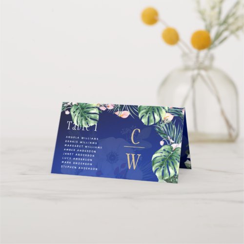 LeahG Tropical Blue Green Pink Floral Wedding Place Card