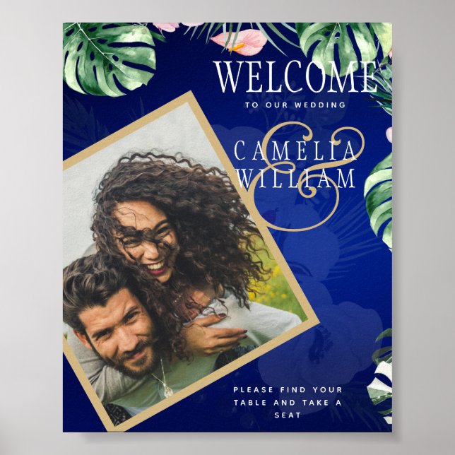 LeahG Tropical Blue Green Pink Floral Wedding Poster (Front)