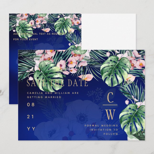 LeahG Tropical Blue Green Pink Floral Wedding Save The Date (Front/Back)