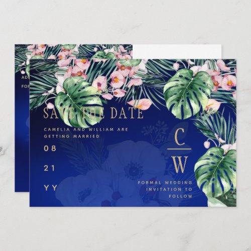 LeahG Tropical Blue Green Pink Floral Wedding Save The Date