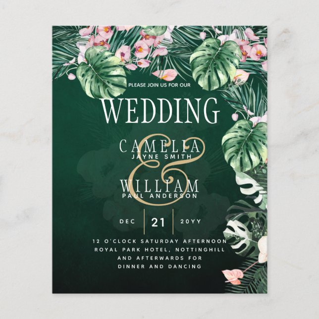 LeahG Tropical Green Pink Botanical Wedding Flyer (Front)