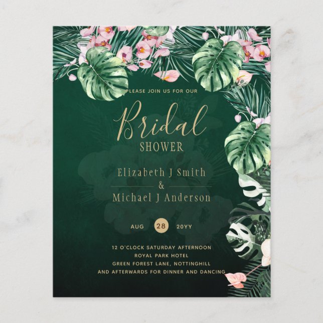 LeahG Tropical Green Pink Botanical Wedding Flyer (Front)