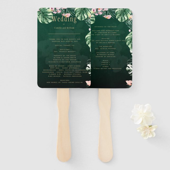 LeahG Tropical Green Pink Botanical Wedding Hand Fan (Front and Back)