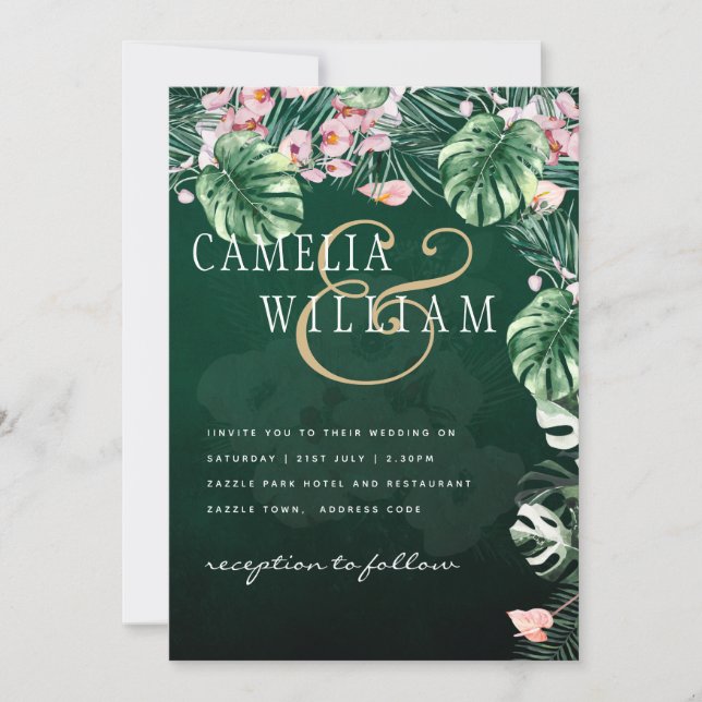 LeahG Tropical Green Pink Botanical Wedding Invitation (Front)